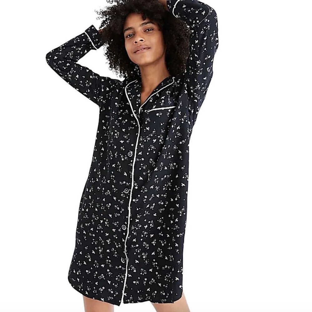 MADEWELL Bedtime Black & White Winter Doves Print Flannel Nightshirt Size XS